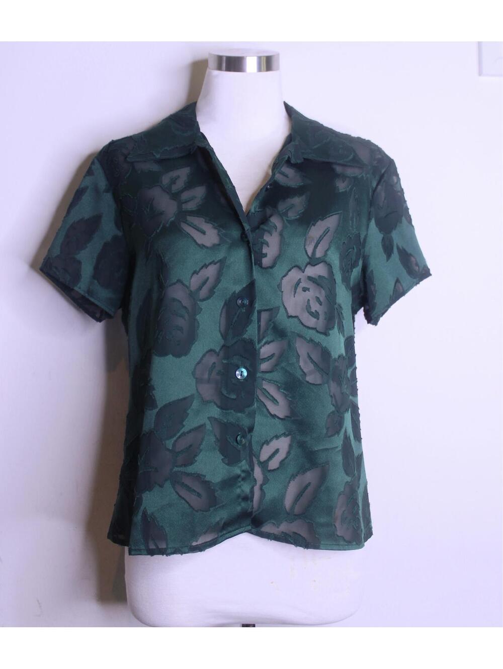 VTG Forest Green Floral Burnout Satin Blouse